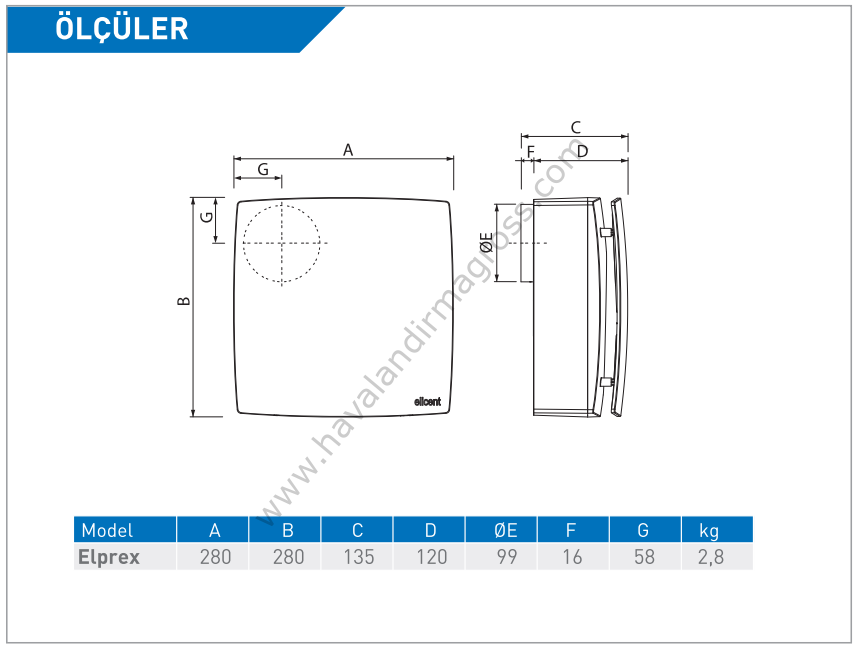 ELICENT Elprex Radyal Kanal Fanı 221 m³/h (Merkez dışı çıkışlı) (plastik klapeli)