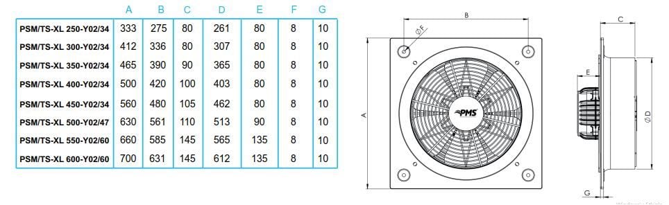 PMS Psms-XL 250-2K Kare Sanayi  Aspiratörü 220V (2300m³/h)