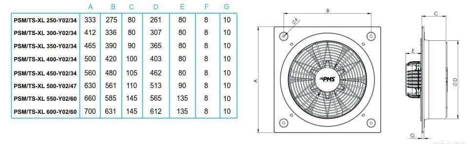 PMS Psms-XL 250-Y02/34 Kare Sanayi  Aspiratörü 220V (1250m³/h)